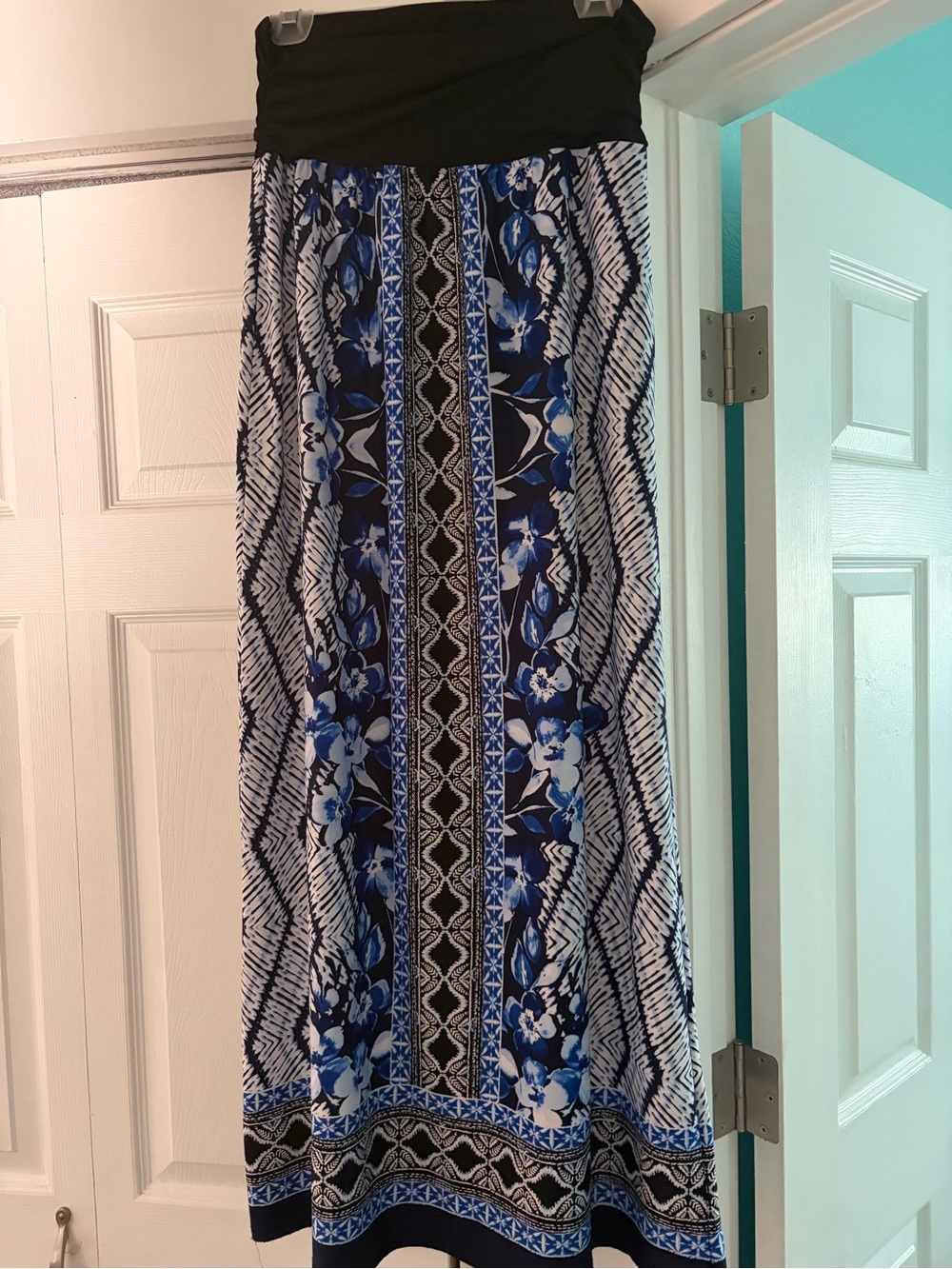 Blue Floral Print Maxi Skirt with Black Waistband